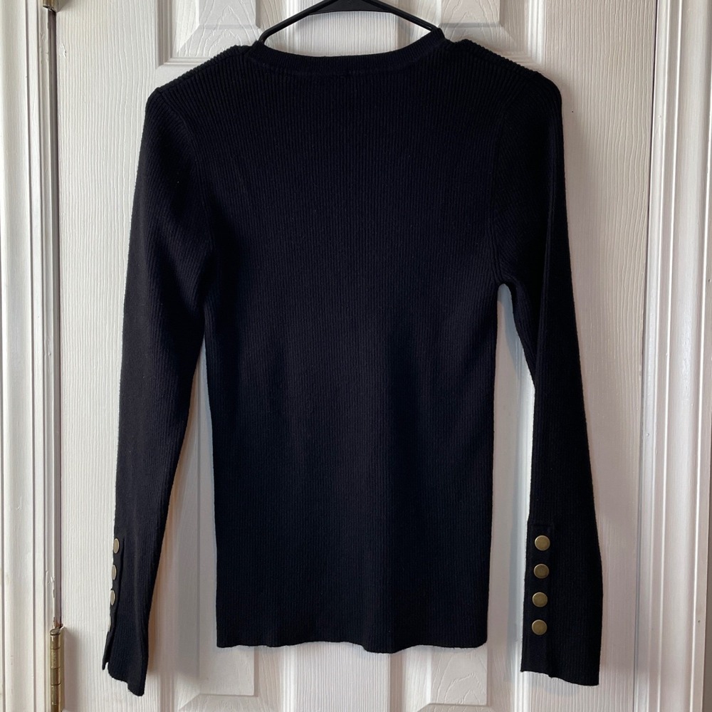 Women's Medium Black Ribbed Knit Crew Neck Sweater Gold Button Cuffs Minimalist - Picture 5 of 13